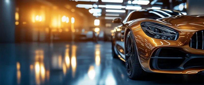 Ein glänzender, bronzefarbener Sportwagen steht in einer modernen Halle mit spiegelndem Boden. Der Wagen ist schräg von vorn aufgenommen, sodass die markante Frontpartie, der Frontscheinwerfer und die Felge im Fokus stehen. Im Hintergrund sorgen warme Lichtquellen für eine edle, atmosphärische Beleuchtung. Das Bild vermittelt Eleganz, Leistung und Exklusivität.